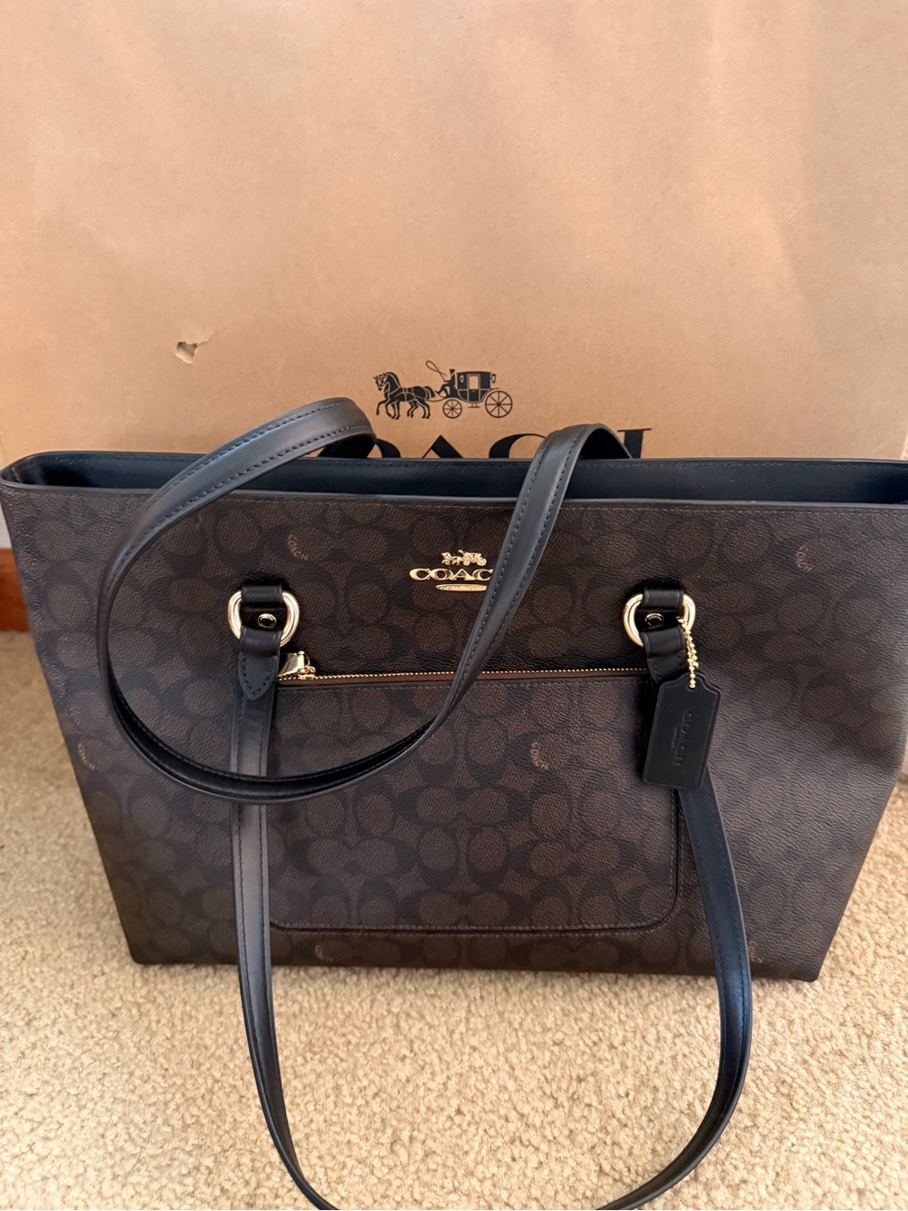 Coach Dark Brown Signature Canvas Tote with Black Leather Trim